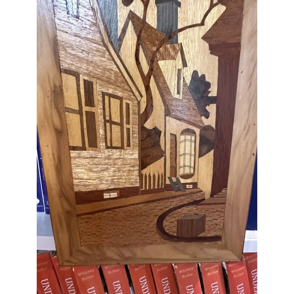 Houses Mid Century Modern Framed Wood Cut Out Inlay Wall Art 16x8